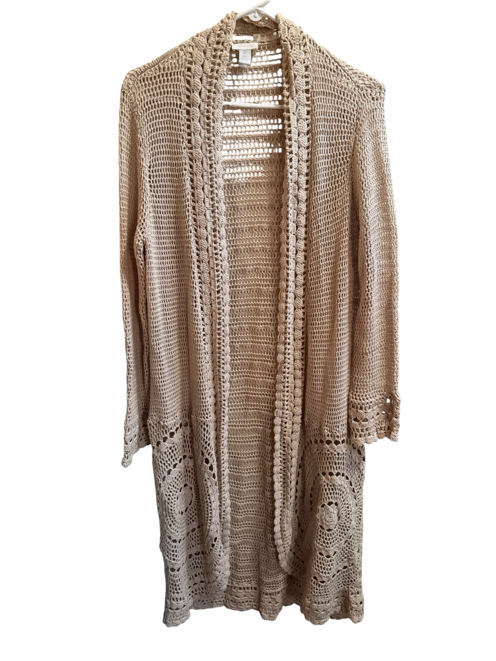 Chico's Cotton Crochet Long Open-Front Cardigan size large (2)